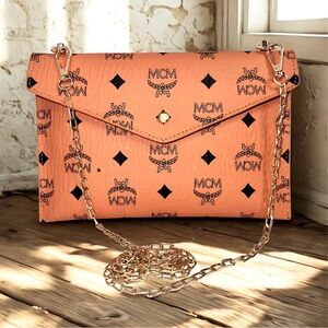 New Upcycled MCM Visetos Orange/Peach Monogram Bag With Added Gold Chain